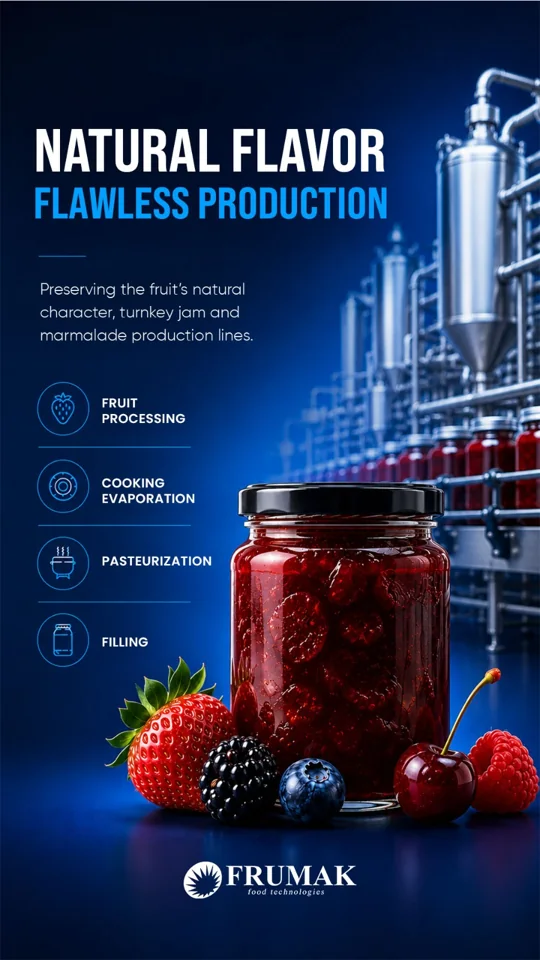 FRUMAK reçel ve marmelat hattı: meyve işleme, pişirme ve dolum.